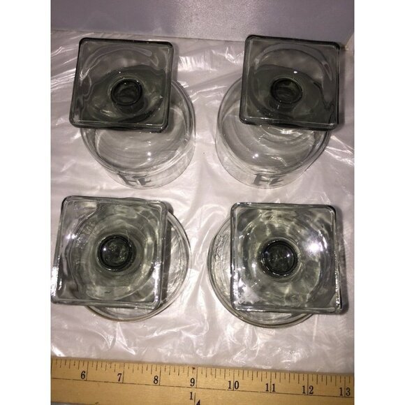 4 Square Base Smoke Glasses Monogram H Atomic Cocktail Bar Ware Vtg Mid Century - Picture 5 of 6